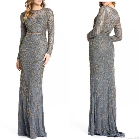 Mac Duggal Beaded Long Sleeve Tulle Column Gown - Picture 1 of 8